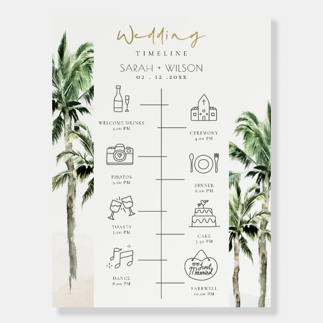 Tropical Beach Palm Trees Wedding Timeline Program Foam Board (Front)