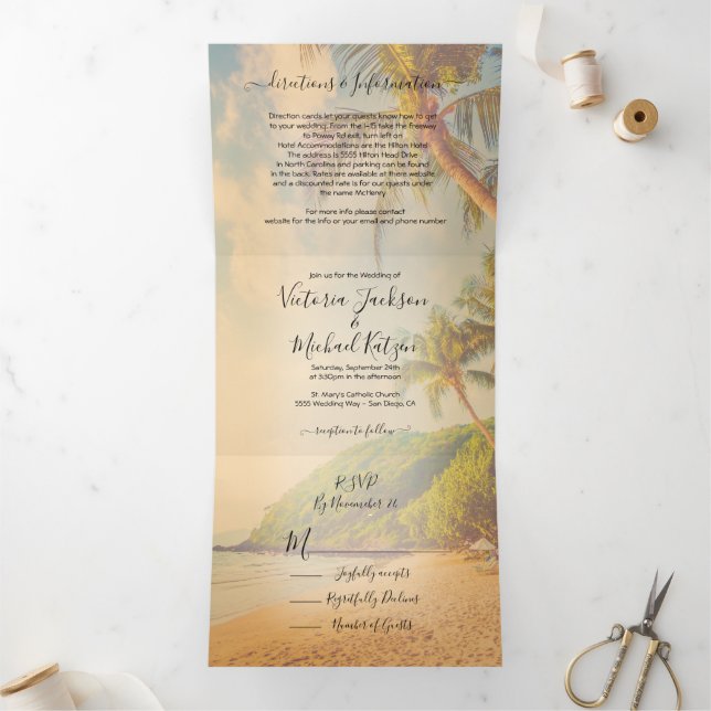 Tropical Beach Palm Trees Wedding Tri-fold Invitation (Inside)