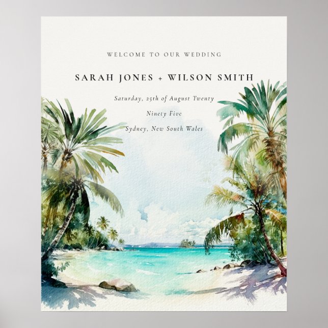 Tropical Beach Palm Trees Wedding Welcome Poster (Front)