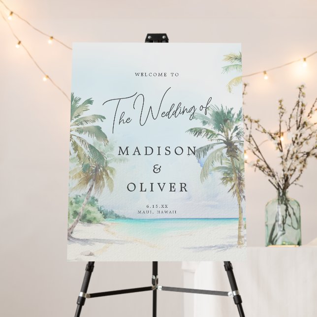 Tropical Beach Palm Trees Wedding Welcome Sign (In Situ (Stand))