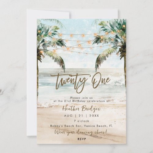 Tropical beach palms 21st birthday party invitation
