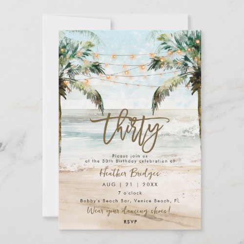 Tropical beach palms 30th birthday party invitation