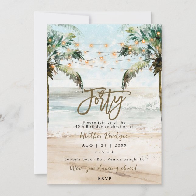 Tropical beach palms 40th birthday party invitation (Front)