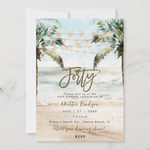 Tropical beach palms 40th birthday party invitation