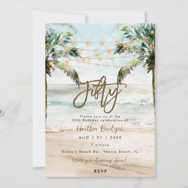Tropical beach palms 50th birthday party invitation (Front)