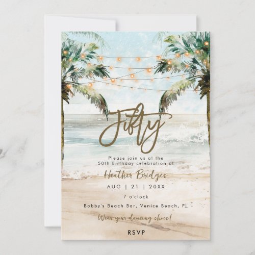 Tropical beach palms 50th birthday party invitation