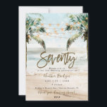 Tropical beach palms 70th birthday party invitation<br><div class="desc">A lovely tropical beach with palm trees and string lights 70th birthday invitation with matching beachy reverse side. Easy to edit or delete the available text fields to personalize the information with your own details for a professional and custom finish. Matching items are available in this boho beach collection. Please...</div>