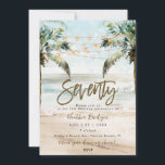 Tropical beach palms 70th birthday party invitation<br><div class="desc">A lovely tropical beach with palm trees and string lights 70th birthday invitation with matching beachy reverse side. Easy to edit or delete the available text fields to personalize the information with your own details for a professional and custom finish. Matching items are available in this boho beach collection. Please...</div>