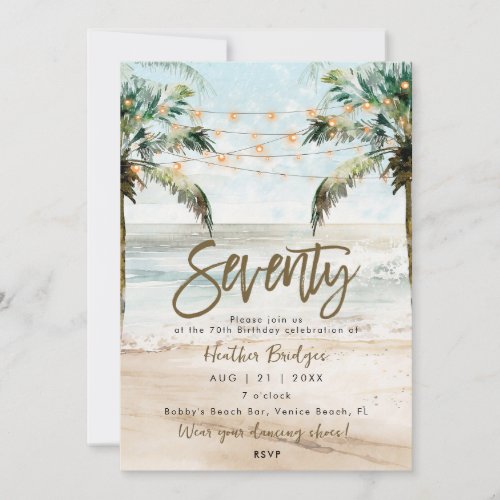 Tropical beach palms 70th birthday party invitation