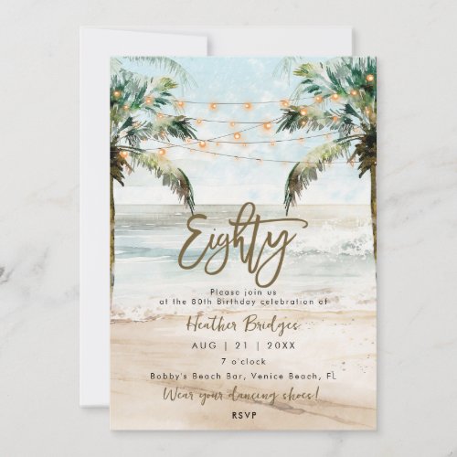 Tropical beach palms 80th birthday party invitation
