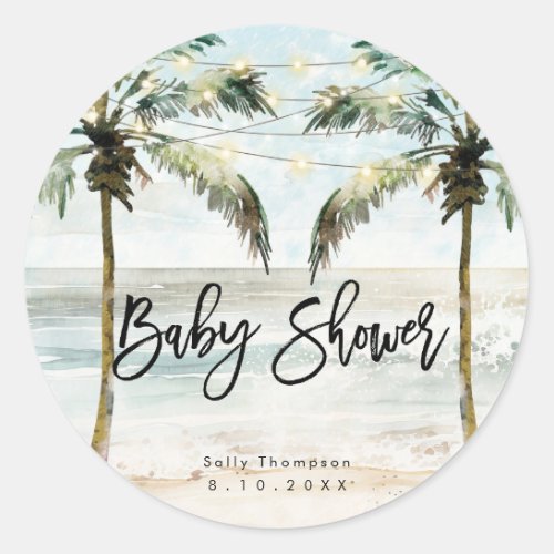 Tropical beach palms baby shower sticker