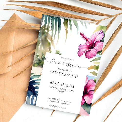 Tropical beach palms hibiscus bridal shower invitation