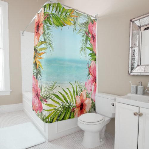 Tropical Beach Palms Hibiscus Shower Curtain