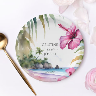 Tropical beach palms hibiscus wedding template paper plates