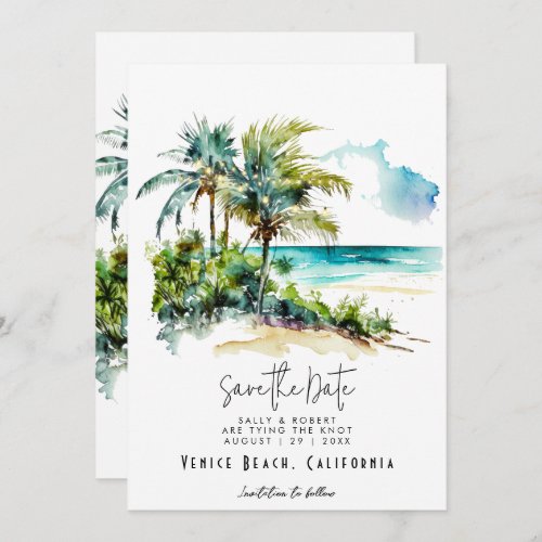 Tropical beach palms lights save the date card