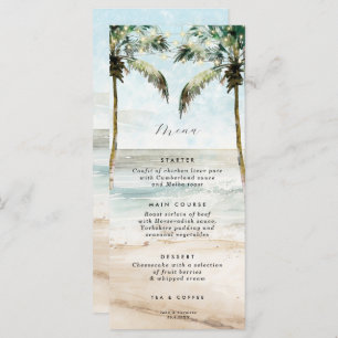 Tropical beach palms lights wedding menu cards