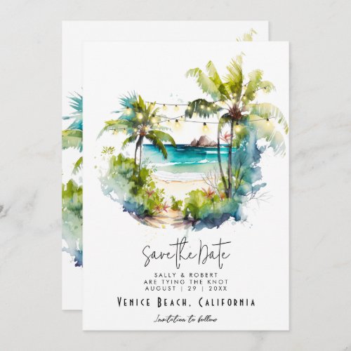 Tropical beach palms save the date card