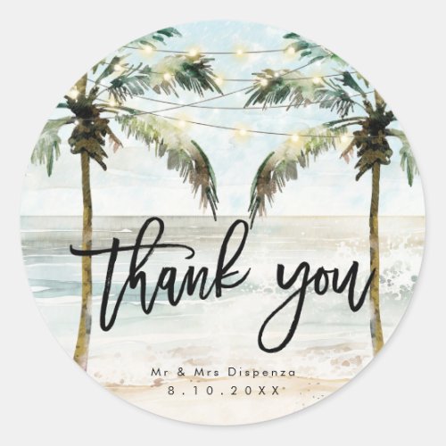Tropical beach palms thank you sticker