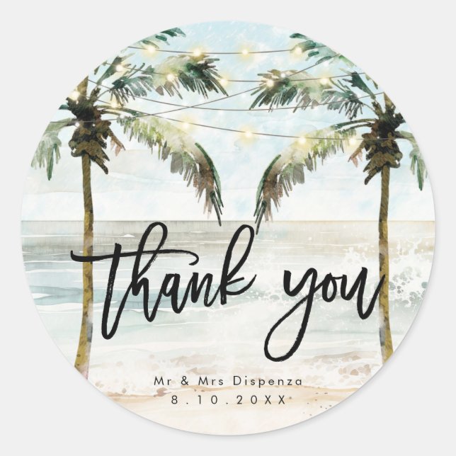 Tropical beach palms thank you sticker (Front)