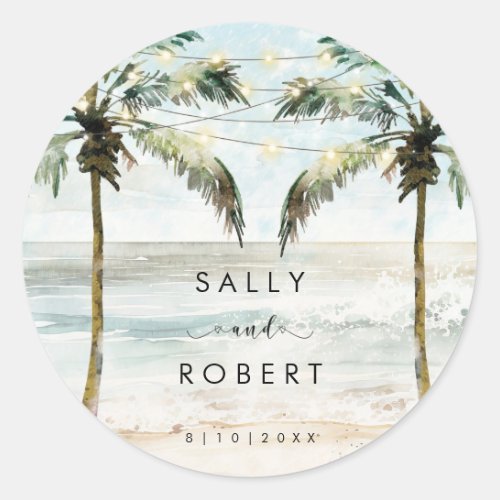 Tropical beach palms wedding shower sticker