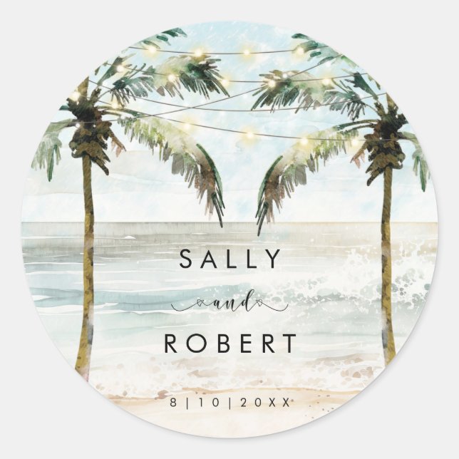 Tropical beach palms wedding shower sticker (Front)