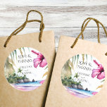 Tropical beach palms wedding thank you favor classic round sticker<br><div class="desc">Tropical beach hibiscus wedding favor template stickers,  watercolor beach pink hibiscus blooms palm leaves for destination beach weddings thank you favor stickers with bride and groom names</div>