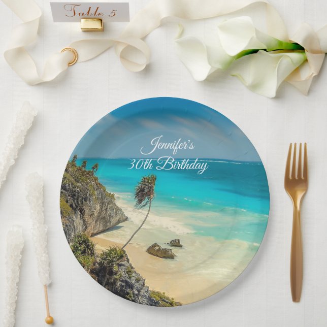 Tropical Beach Paradise with Palm Trees Birthday Paper Plates (Wedding)