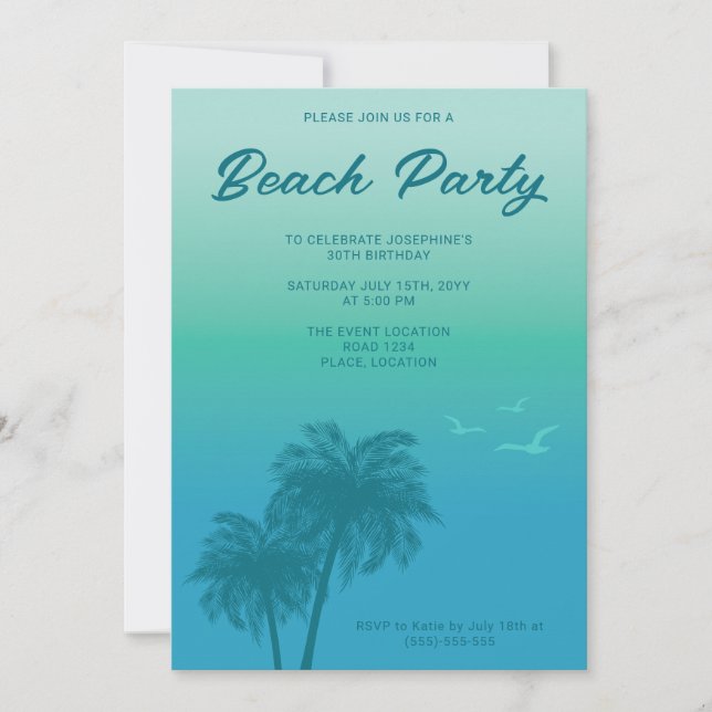 Tropical Beach Party Aqua Blue Palm Trees Birthday Invitation (Front)