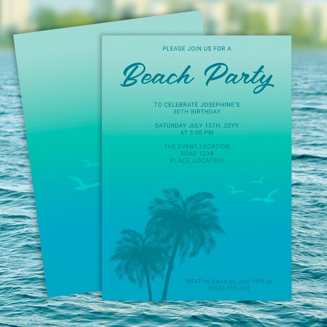 Tropical Beach Party Aqua Blue Palm Trees Birthday Invitation (Creator Uploaded)