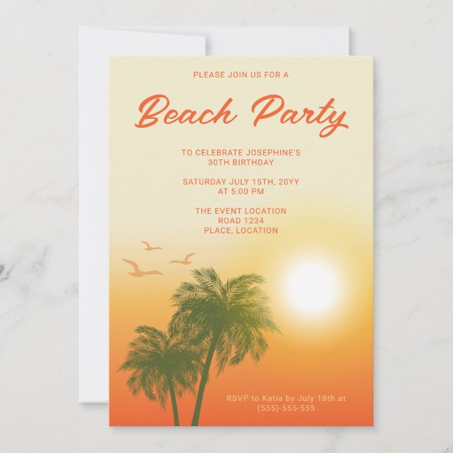Tropical Beach Party Sunset Palm Trees Birthday Invitation (Front)