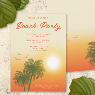 Tropical Beach Party Sunset Palm Trees Birthday Invitation