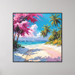 Tropical Beach Path with Palm Trees and Sailboats Canvas Print