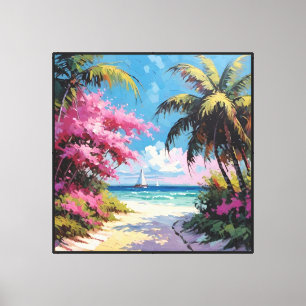 Tropical Beach Path with Palm Trees and Sailboats Canvas Print