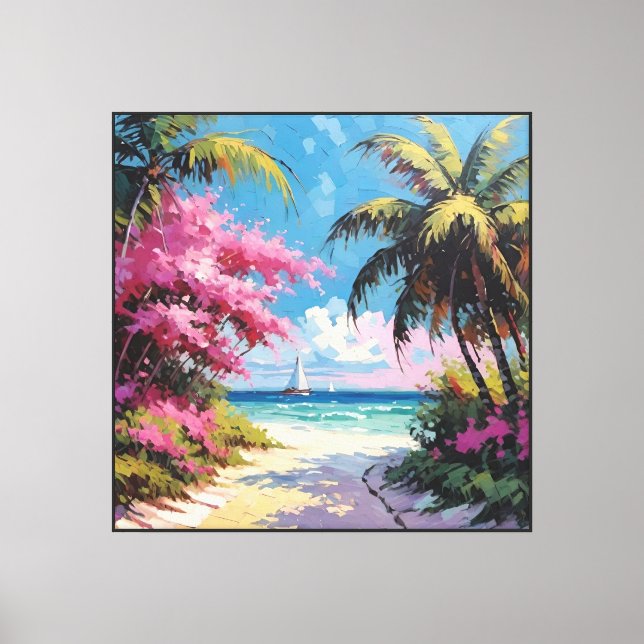 Tropical Beach Path with Palm Trees and Sailboats  Canvas Print (Front)