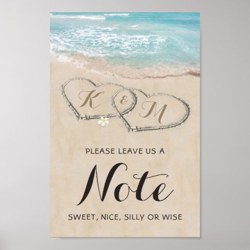 Tropical Beach Personalized Wedding Poster - Personalized wedding party sign featuring a summer tropical ocean island background, a vintage sandy beach with two hearts in the shoreline, your initials, and a text template that can be customized.