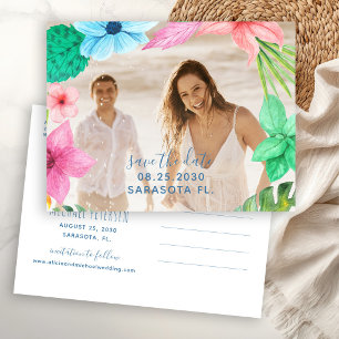 Tropical beach photo wedding save the date announcement postcard