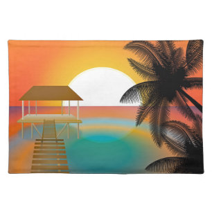 Tropical Beach Pier Watercolor Cloth Placemat