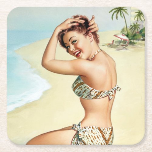 Tropical Beach Pin Up Square Paper Coaster