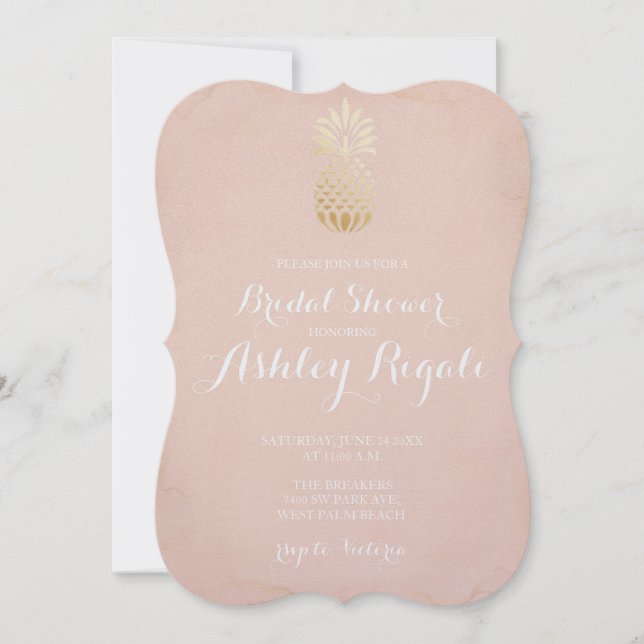 Tropical Beach Pineapple and Blush Pink Bridal Invitation (Front)