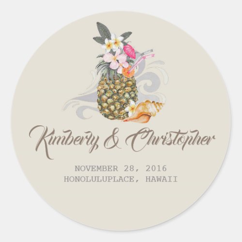 Tropical Beach Pineapple Wedding Classic Round Sticker