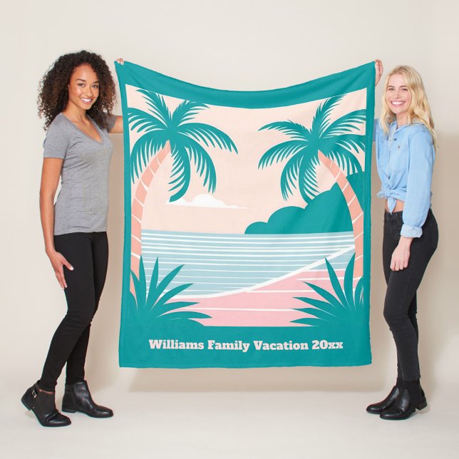 Tropical beach, pink and teal customizable text fleece blanket (Creator Uploaded)