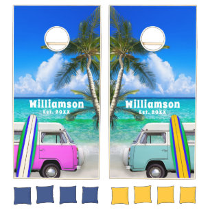 Tropical Beach Pink Blue Van Bus & Surfboard Cornhole Set