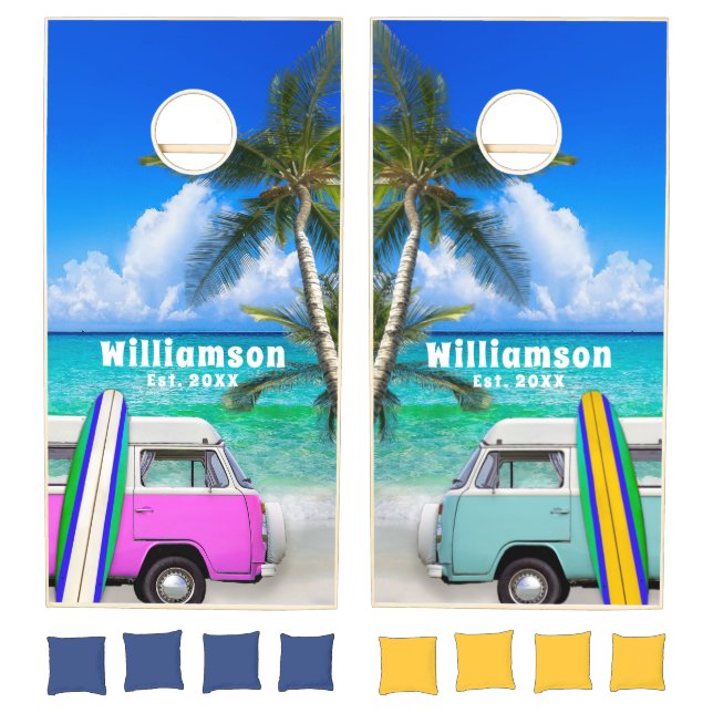 Tropical Beach Pink Blue Van Bus & Surfboard Cornhole Set (Set)