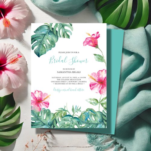 Tropical Beach Pink Floral Watercolor Bridal 