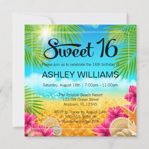 Tropical Beach Pink Hibiscus Sweet 16 Birthday Invitation