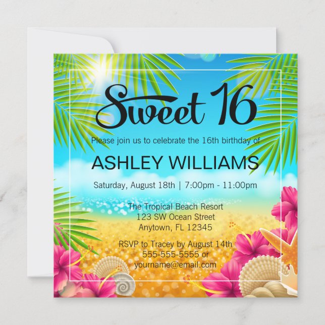 Tropical Beach Pink Hibiscus Sweet 16 Birthday Invitation (Front)