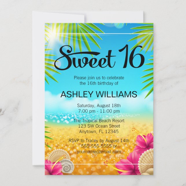 Tropical Beach Pink Hibiscus Sweet 16 Birthday Invitation (Front)