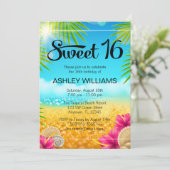 Tropical Beach Pink Hibiscus Sweet 16 Birthday Invitation (Standing Front)
