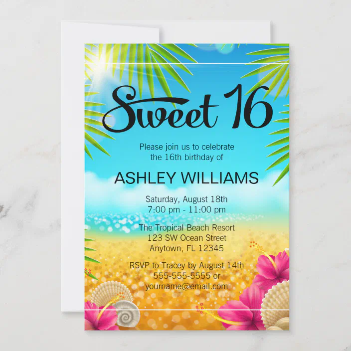 Tropical Beach Pink Hibiscus Sweet 16 Birthday Invitation Zazzle Com