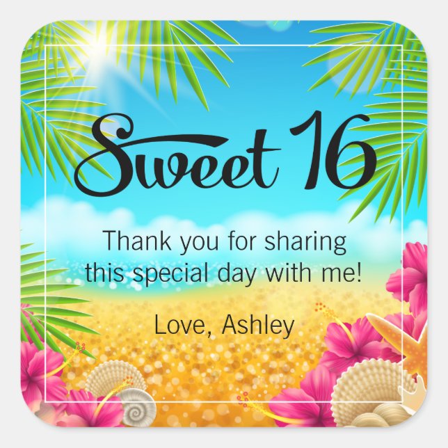 Tropical Beach Pink Hibiscus Sweet 16 Favor Square Sticker (Front)